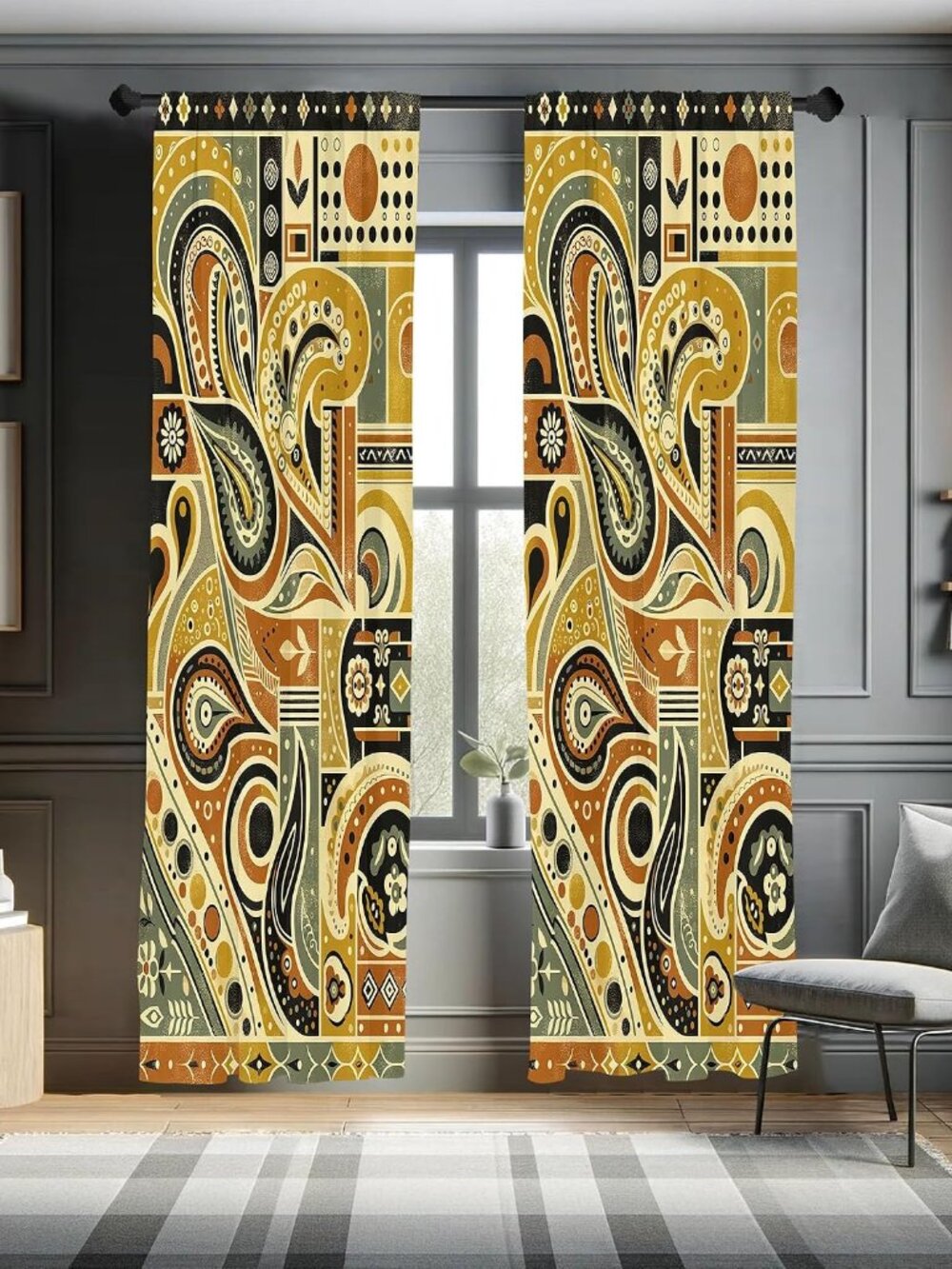 Bohemian Curtains, Ethnic Pattern with Paisley Forms and Botanical Details Grung